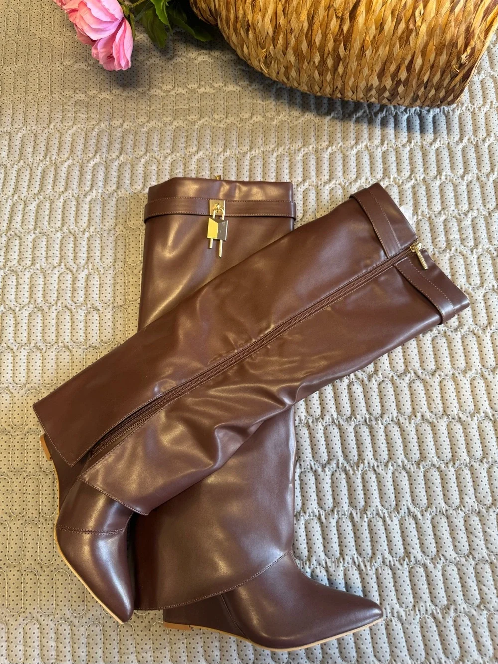 Cape Robbin Leather Knee High Boots Brown Gold Hardware Designer Style